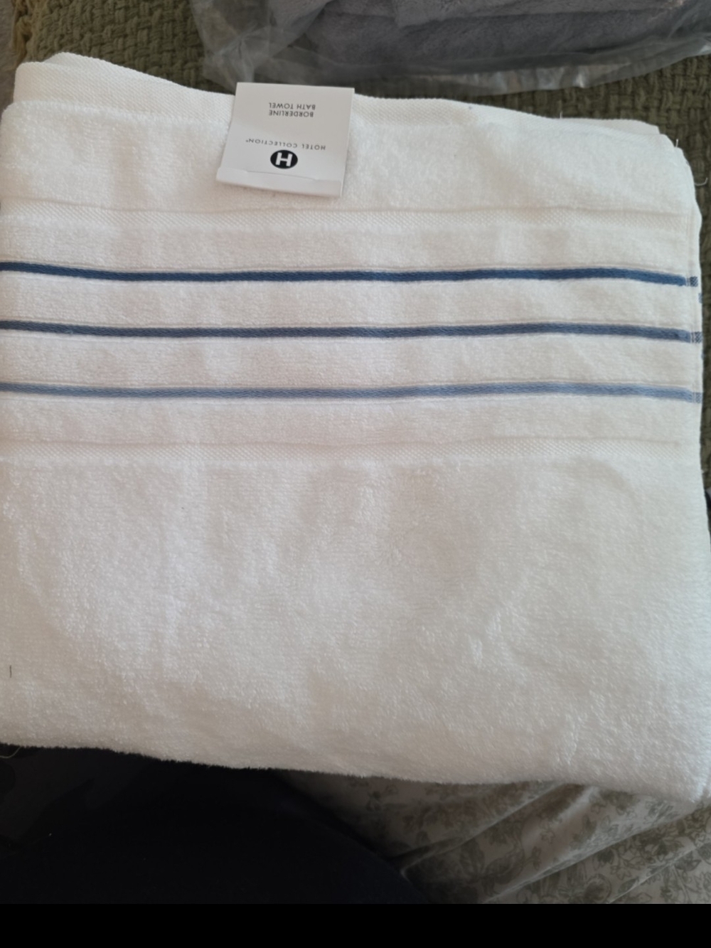 Hotel Collection White Bath Towel with Blue Stripes